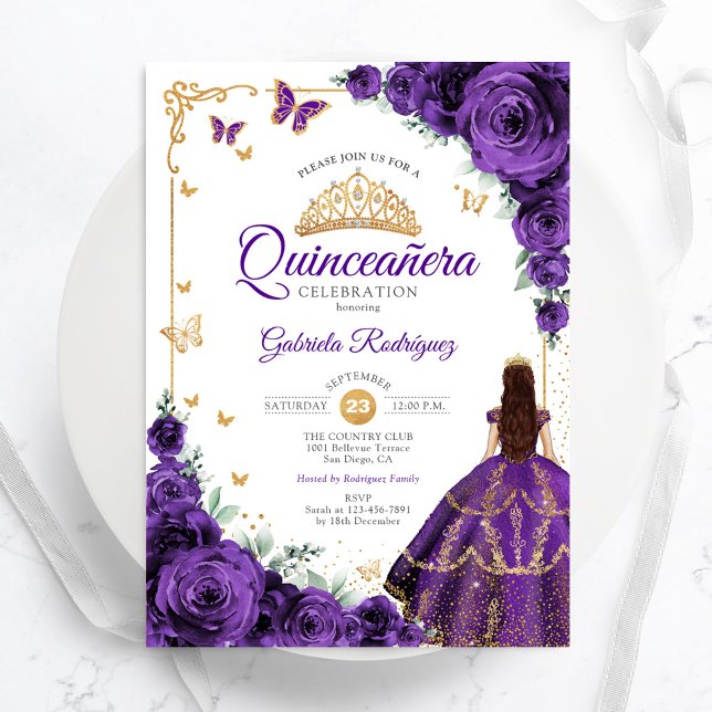 Invitación Elegante Moda Rosas púrpura Quinceanera de oro (Subido por el creador)