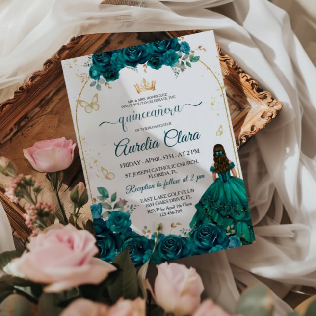 Invitación Elegante Moda Rosas verdes esmeraldas Quinceanera  (Subido por el creador)