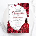 Invitación Elegante Moda Roses Rojos Plata Quinceanera<br><div class="desc">Invitación a la celebración de Quinceanera en rojo, plateado y blanco. Cuenta con chica de morena en vestido de bata de bola, fuente de guión, mariposas plateadas, rosas rojas y tiara. Perfecto para una elegante celebración de glam al estilo de la princesa. Personaliza con tus propios detalles. Invitaciones Zazzle impresas...</div>