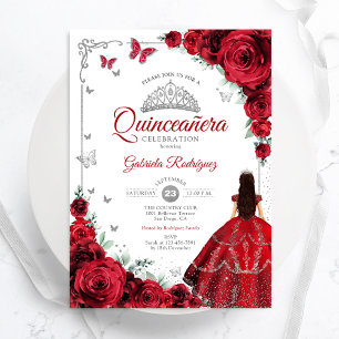 Invitación Elegante Moda Roses Rojos Plata Quinceanera