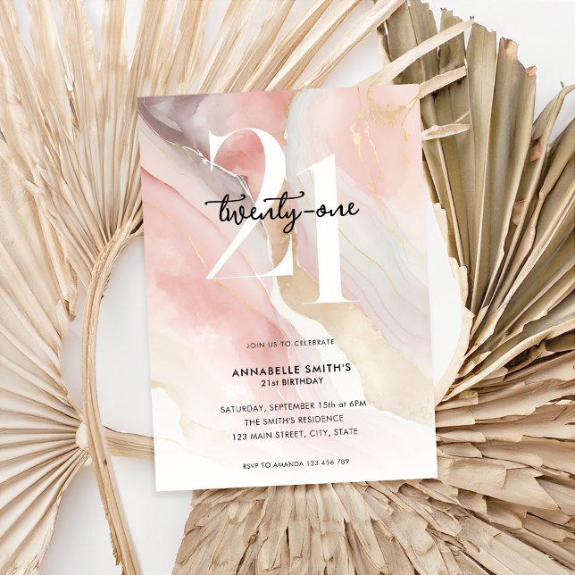 Invitación Elegante Moda Rubor Agate de Mármol Rosa 21º cumpl (Subido por el creador)