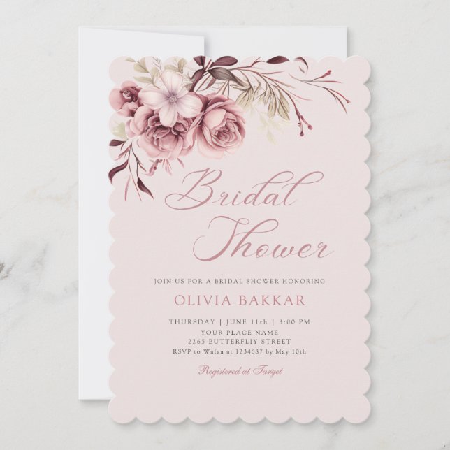 Invitación Elegante Moda Rubor Pink Boho Floral Bridal Shower (Anverso)