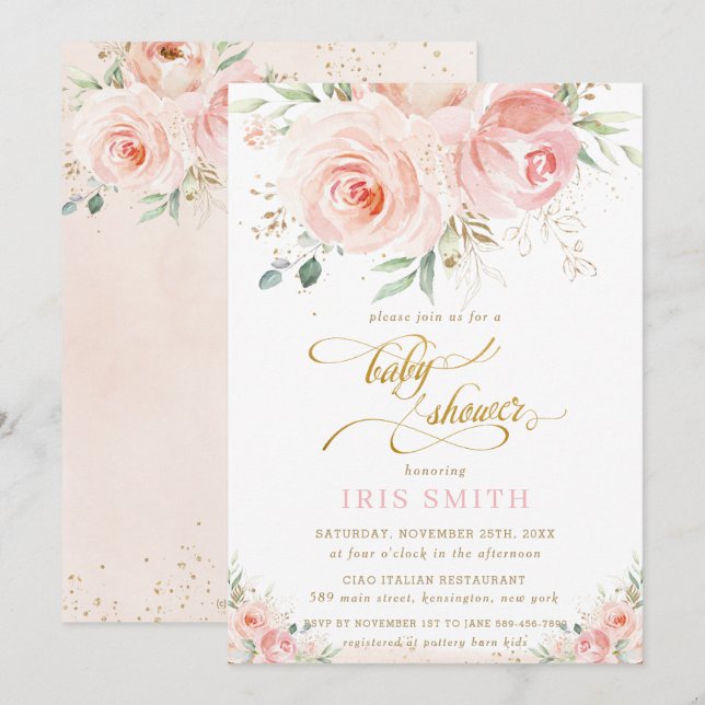 Invitación Elegante Moda Rubor Pink Floral Gold Baby Shower (Anverso / Reverso)