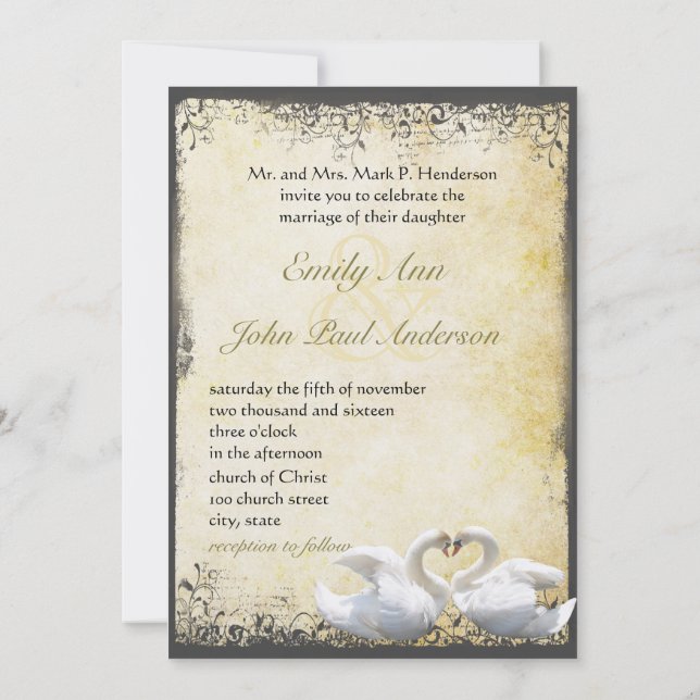 Invitación Elegante Moda Rústica Cisne Amor Aves Boda (Reverso)