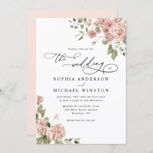 Invitación Elegante Moda Rústica Rubor Boda Floral Rosa Rosa 