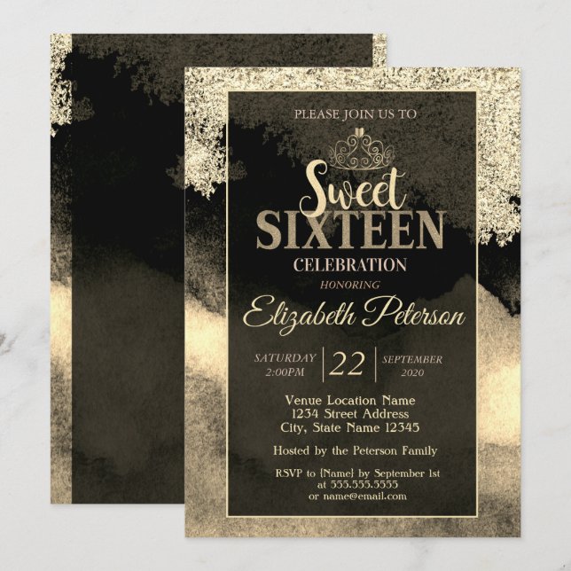 Invitación Elegante Moda Tíara de oro, dulce de marco 16 Fies (Anverso / Reverso)