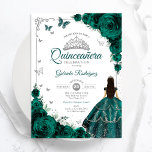 Invitación Elegante Moda Verde Esmeralda Floral Quinceanera<br><div class="desc">Invitación a la celebración de Quinceanera verde esmeralda, plata y blanco. Cuenta con chica de brunette en vestido de bata de bola, fuente de guión, mariposas plateadas, rosas verdes y tiara. Perfecto para una elegante celebración de glam al estilo de la princesa. Personaliza con tus propios detalles. Invitaciones Zazzle impresas...</div>