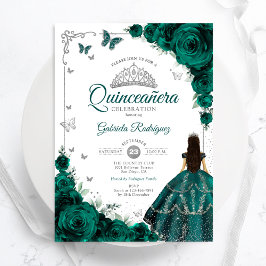 Invitación Elegante Moda Verde Esmeralda Floral Quinceanera