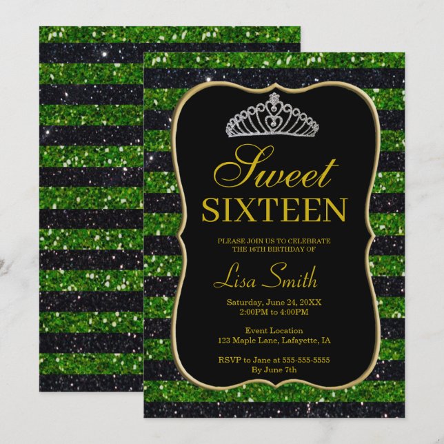 Invitación Elegante Moda Verde Negro Purpurina Tiara Sweet 16 (Anverso / Reverso)