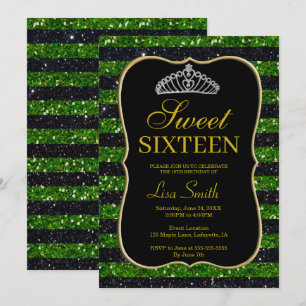 Invitación Elegante Moda Verde Negro Purpurina Tiara Sweet 16