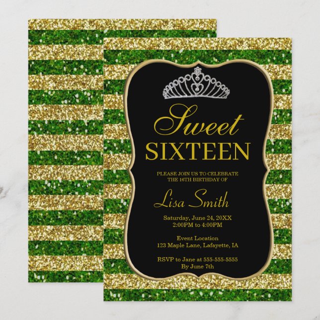 Invitación Elegante Moda Verde Oro Purpurina Tiara Sweet 16 (Anverso / Reverso)