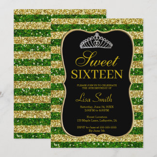 Invitación Elegante Moda Verde Oro Purpurina Tiara Sweet 16