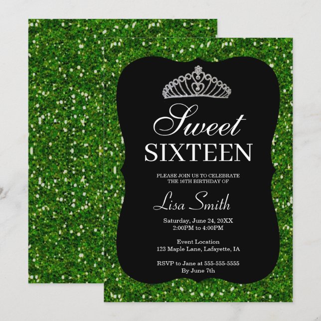 Invitación Elegante Moda Verde Purpurina Tiara Sweet 16 (Anverso / Reverso)