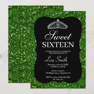 Invitación Elegante Moda Verde Purpurina Tiara Sweet 16