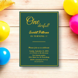 Invitación Elegante Moda Verde Y Oro Mínimo Primer Cumpleaños