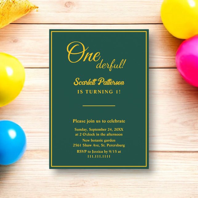 Invitación Elegante Moda Verde Y Oro Mínimo Primer Cumpleaños (Subido por el creador)
