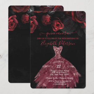 Invitación Elegante Moda Vestido Rojo Rosas Quinceañera