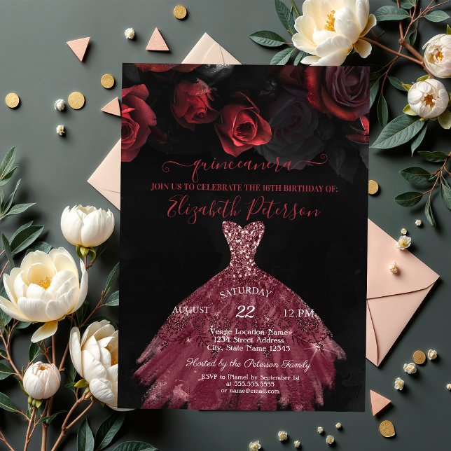 Invitación Elegante Moda Vestido Rojo Rosas Quinceañera (Subido por el creador)