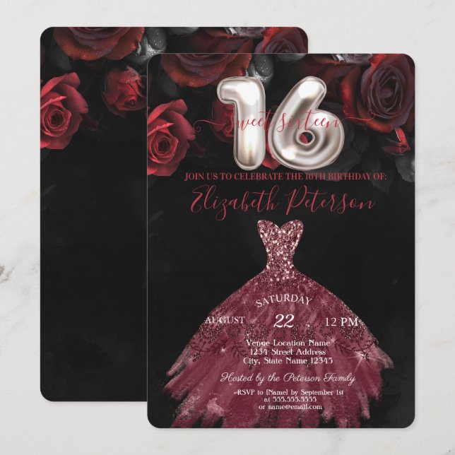 Invitación Elegante Moda Vestido Roses Rojos Dulce 16 Fiesta (Anverso / Reverso)