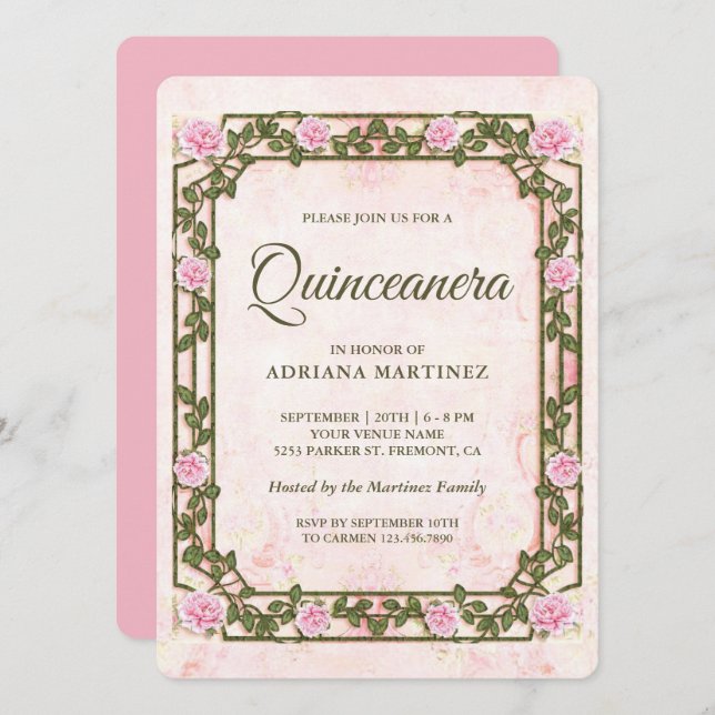 Invitación Elegante Moda Vintage Rústica Rosa Quinceanera (Anverso / Reverso)