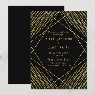 Invitación elegante moderna dorada y negra con est