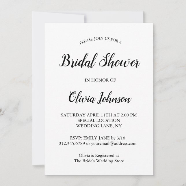 Invitación Elegante, moderna ducha de novia blanca con escrit (Anverso)