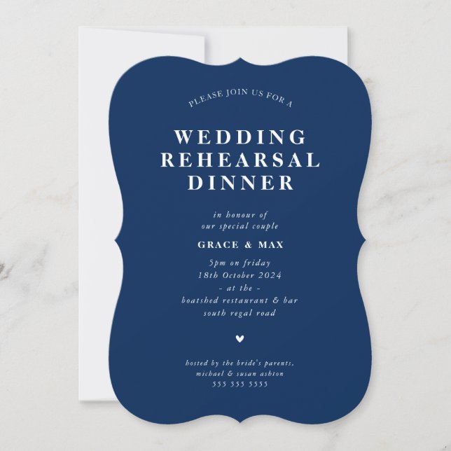 Invitación ELEGANTE moderna y simple cena de ensayo azul mari (Anverso)