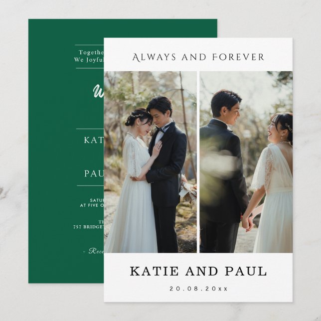Invitación Elegante Moderno 2 Fotos Boda Boho Verde Moderna (Anverso / Reverso)