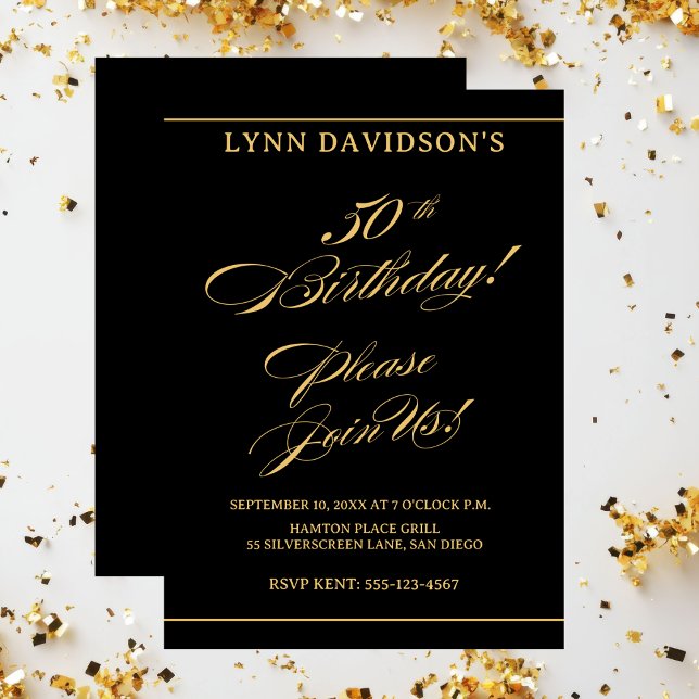 Invitación Elegante Moderno 50 cumpleaños Oro Negro (Elegant Modern 50th Birthday Gold Black Invitation)