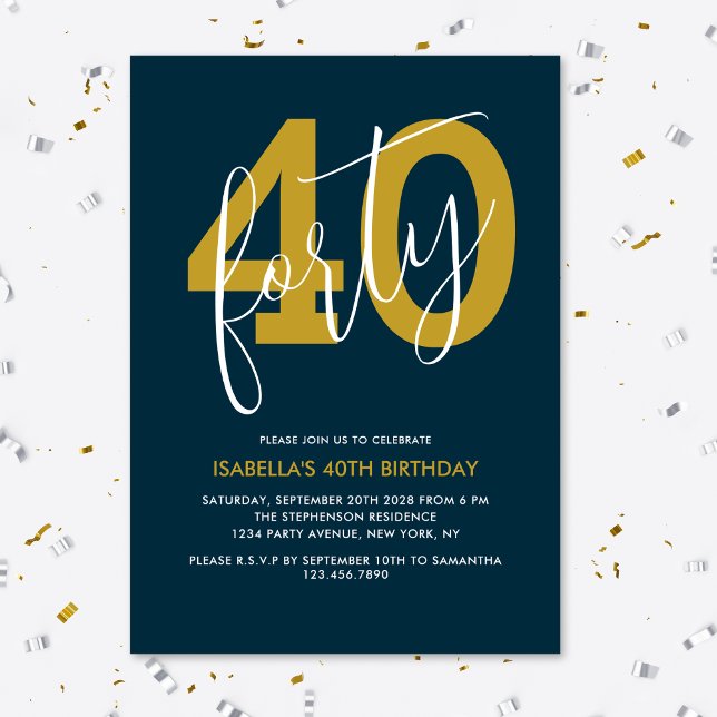 Invitación Elegante Moderno Azul Marino Dorado Cumpleaños 40 (Subido por el creador)