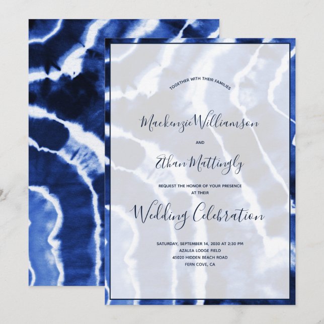 Invitación Elegante Moderno Azul Marino Mármol Tie Dye Boda (Anverso / Reverso)