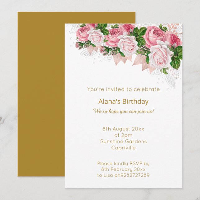 INVITACIÓN ELEGANTE MODERNO BLANCO ORO LACE ROSA BOUQUET (Anverso / Reverso)