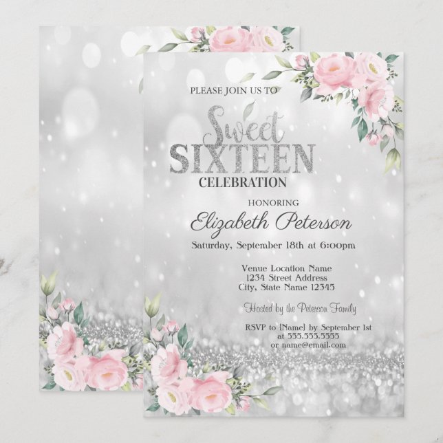 Invitación Elegante Moderno Bokeh Floral Plata Dulce 16 (Anverso / Reverso)