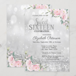 Invitación Elegante Moderno Bokeh Floral Plata Dulce 16