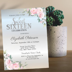 Invitación Elegante Moderno Bokeh Floral Plata Dulce 16