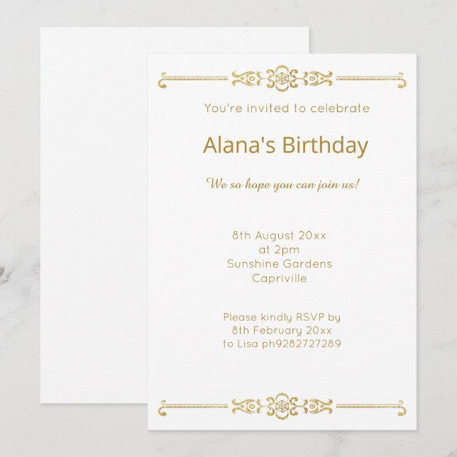 INVITACIÓN ELEGANTE MODERNO BORDE DE ORO BLANCO (Anverso / Reverso)