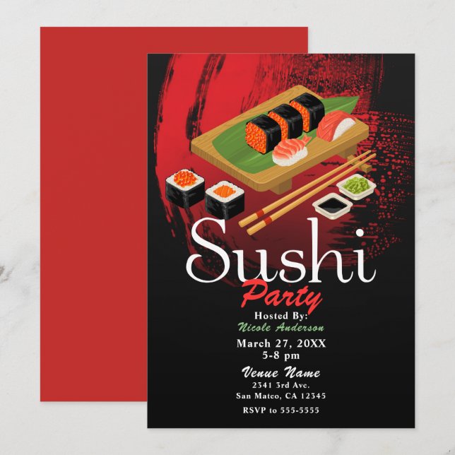 Invitación Elegante Moderno Chic Evento de Sushi Negro y Rojo (Anverso / Reverso)