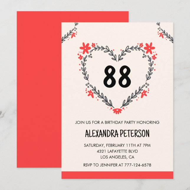 Invitación Elegante moderno Cualquier edad Corazón floral 88º (Anverso / Reverso)