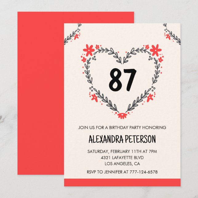 Invitación Elegante Moderno Cualquier edad Floral Corazón 87  (Anverso / Reverso)