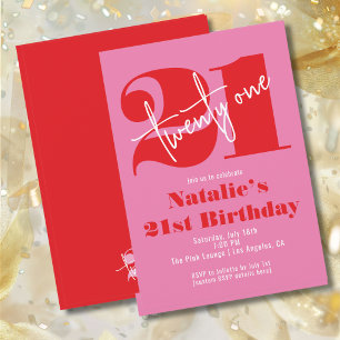 Invitación Elegante Moderno Cumpleaños 21 Rosa Rojo Minimalis