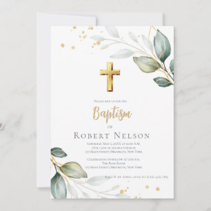 Invitación Elegante Moderno Eucalipto Dorado Bautizo