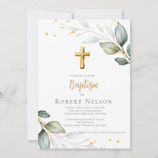 Invitación Elegante Moderno Eucalipto Dorado Bautizo