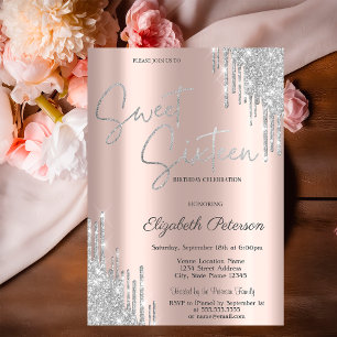 Invitación Elegante Moderno Goteo de Plata Dulces 16