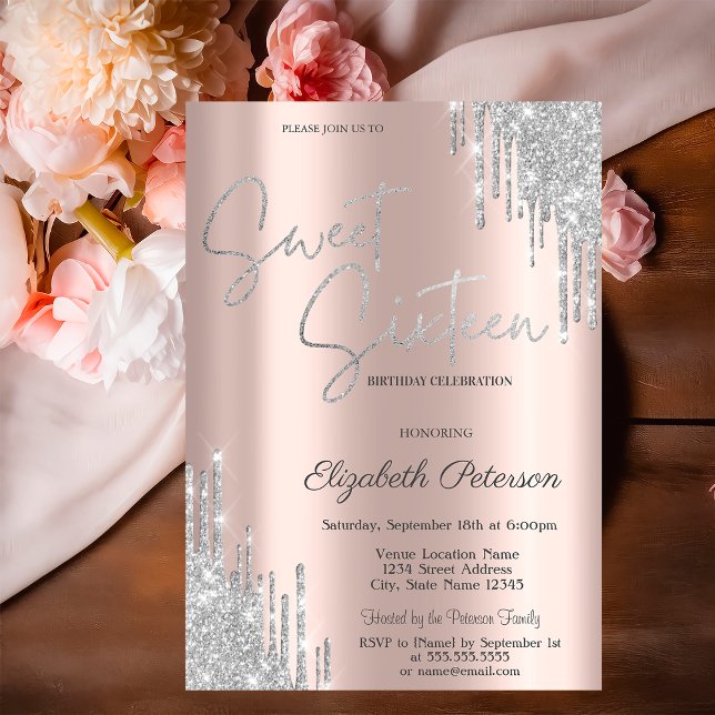 Invitación Elegante Moderno Goteo de Plata Dulces 16 (Subido por el creador)