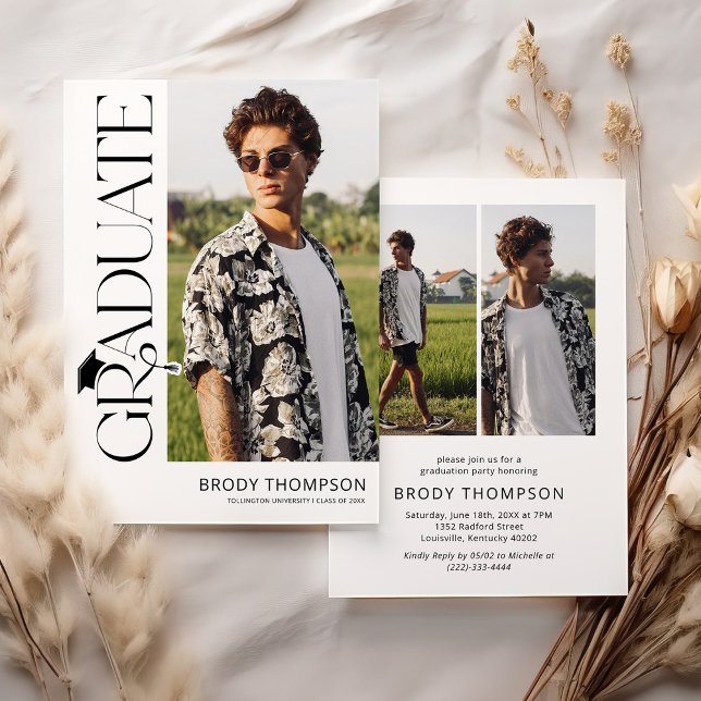 Invitación Elegante Moderno Graduación de 3 Fotos en Blanco y (Subido por el creador)