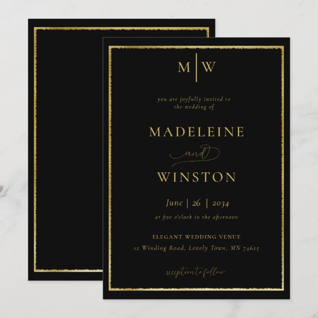 Invitación Elegante Moderno Iniciales Formales Boda Oro Negro (Anverso / Reverso)