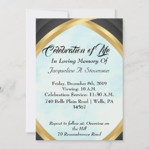 Invitación Elegante Moderno Memorial Negro, Dorado y Azul