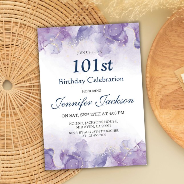 Invitación Elegante, moderno morado y dorado floral 101 cumpl (Subido por el creador)