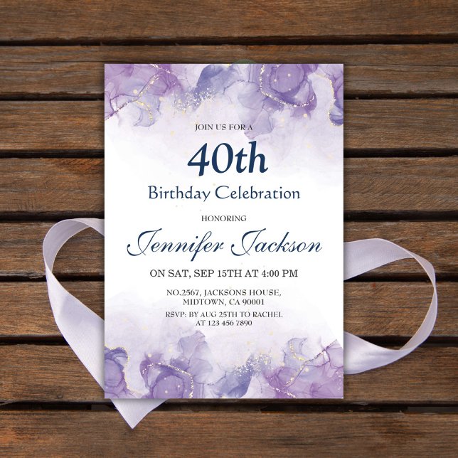 Invitación Elegante, moderno morado y dorado floral 40 cumple (Subido por el creador)