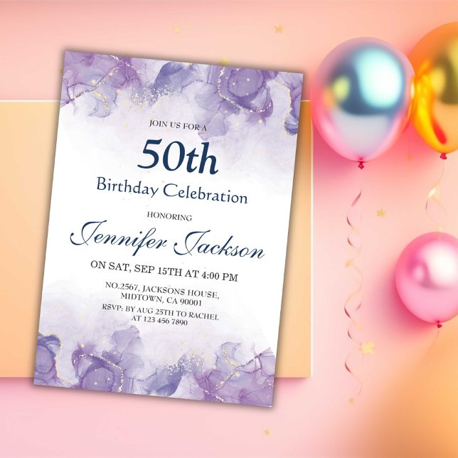 Invitación Elegante, moderno morado y dorado floral 50 años (Subido por el creador)